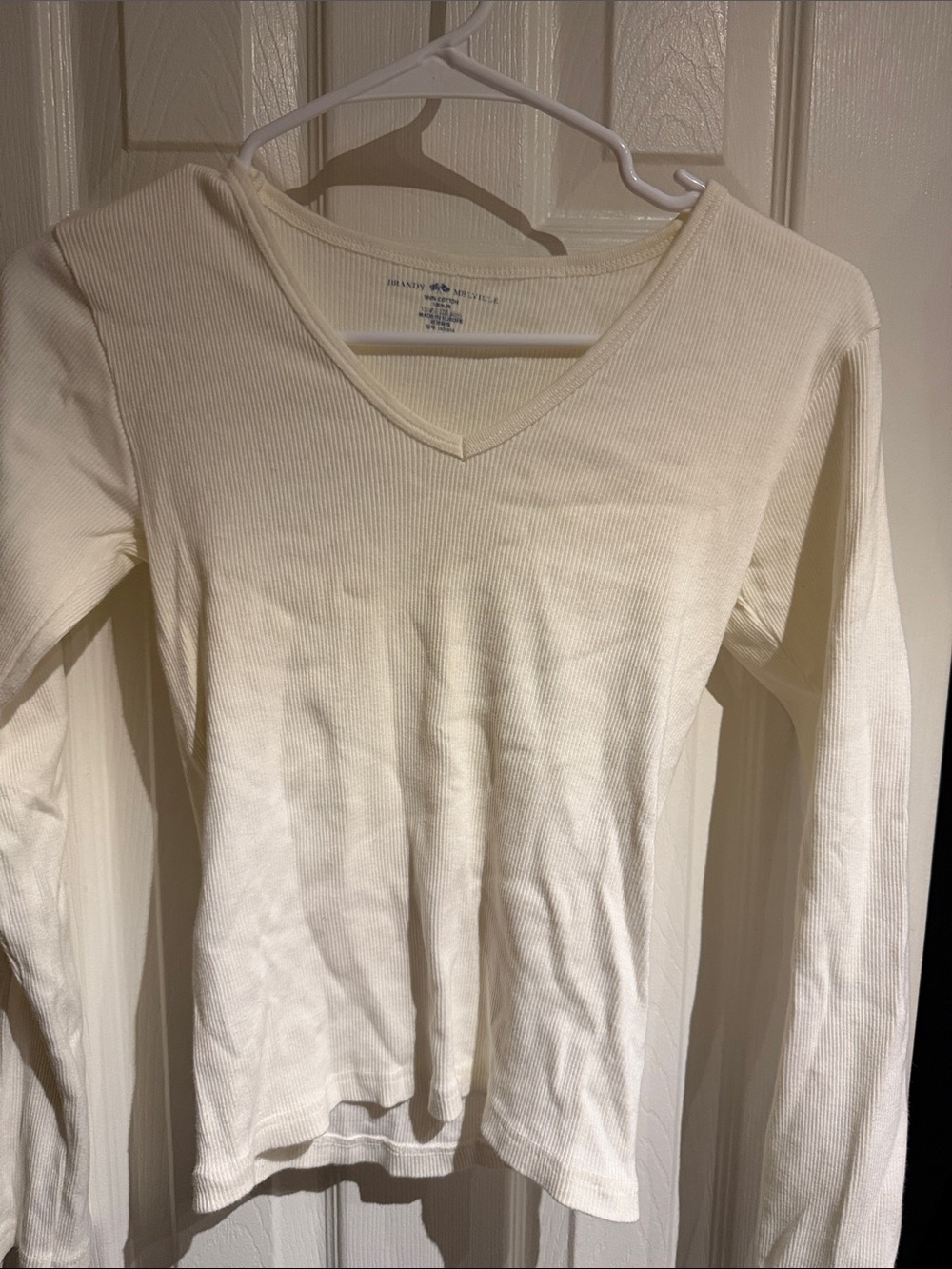 Brandy Melville Cream Ribbed V-Neck Long Sleeve Top